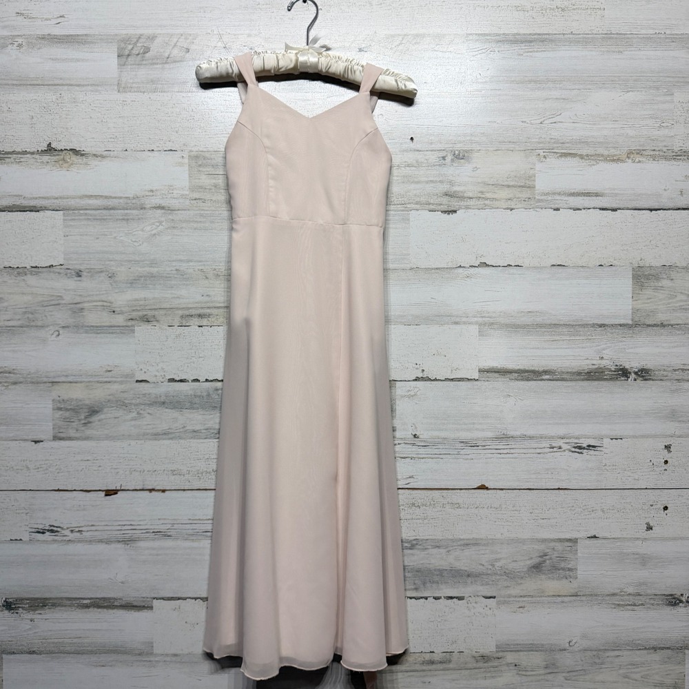 Azazie Chiffon Dress Girls J10 Blush Pink V-Neck Back Tie Formal Balletcore EUC